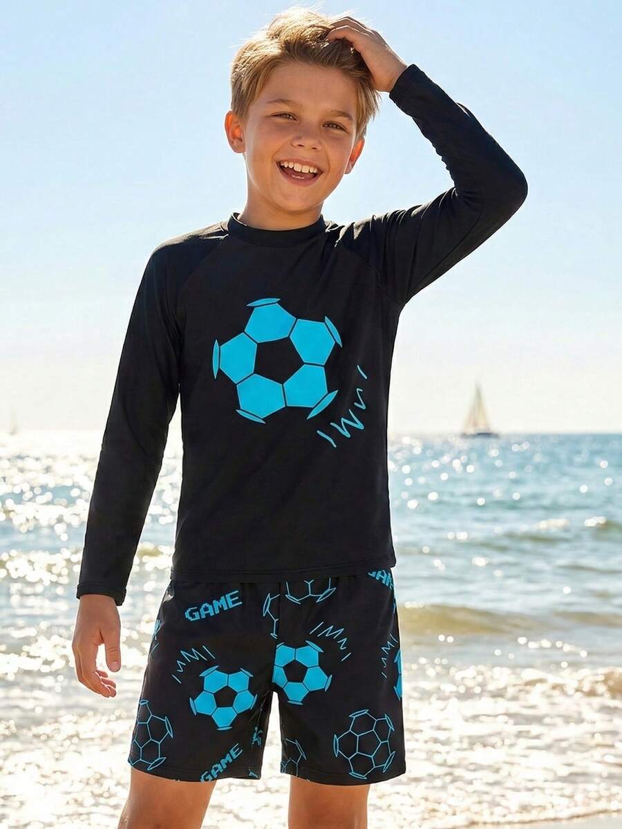 SHEIN Tween 男童休闲紧身夜光篮球印花 2 件装分体泳衣套装，适合春夏海滩度假 - 藍色 - 查看 1