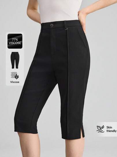 Ontre Women's Shorts, Capri Pants, Black Skinny Shorts, Comfortable Soft Woven Fabric, Fitted Silhouette, Modern Urban Fashion, Business Casual Office Wear, Metal Ring Decor, Understated Elegant Style, High-Quality Urban Commuter Airport Cruise Wear, Wedding Guest Attire, Minimalist Luxurious Feel, Versatile Seasonal Vacation Holiday Office Pants For Women Black Capri Pant Long Shorts For Women Women's Capris Pants For Women Work Crop Pants