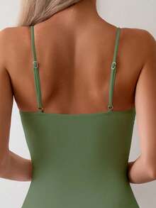 Swim Basics 1件纯色吊带连体泳衣，度假沙滩装 - 軍綠色 - 查看 8