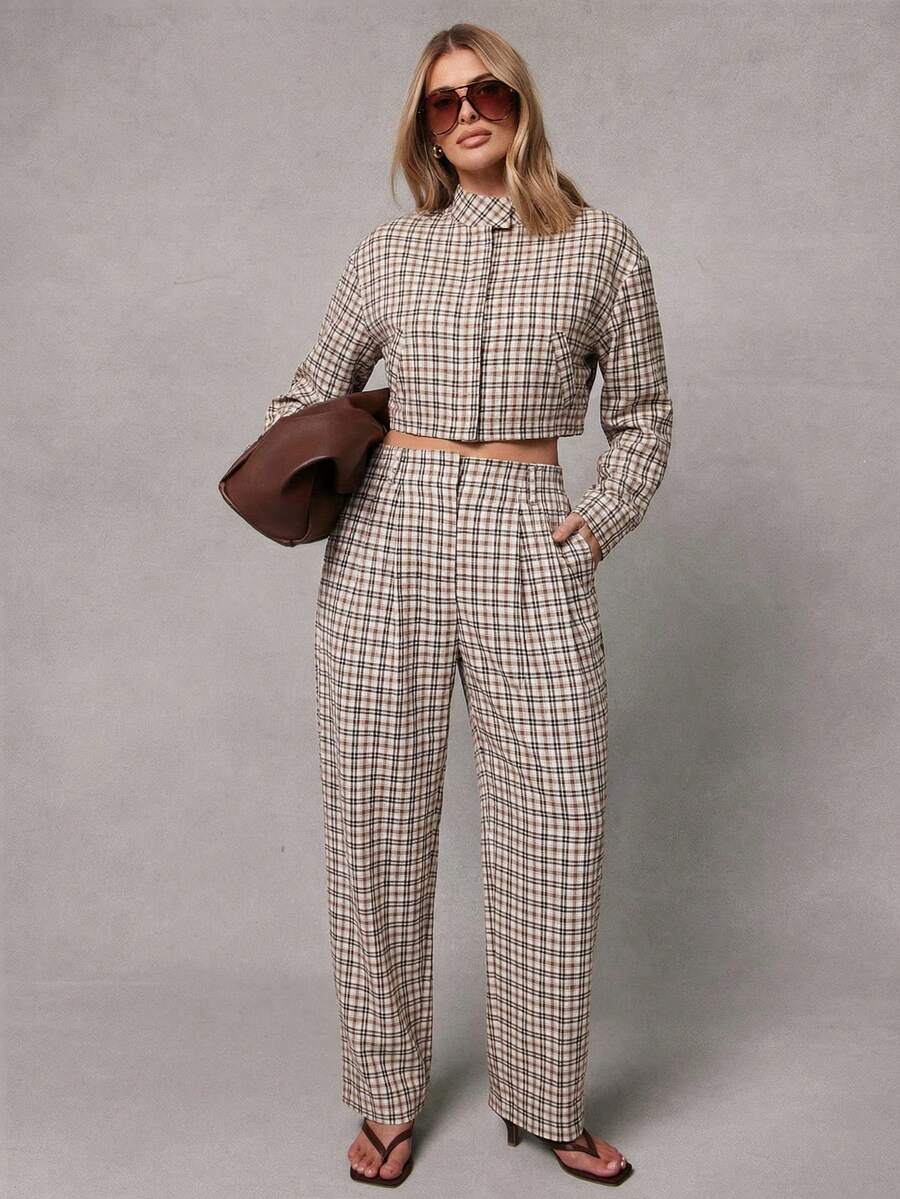Hauture Fashionable Casual Commuter Retro Plaid Pocket Pants - Apricot - View 1