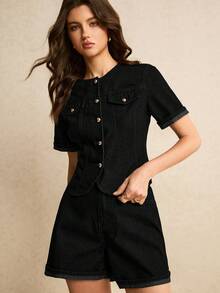 Poéselle Women's Solid Color Minimalist Daily Wear Short Sleeve Top And Shorts Denim Set - Black - View 5