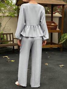 DAZY 春夏简约复古亚麻两件套女装，时尚宽松衬衫搭配阔腿裤，休闲家居服套装 - 藍色 - 查看 9