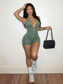 Slaydiva 新款夏季休闲街头音乐节修身罗纹仿雪花V领镂空织带拼接女式连体裤，适合日常穿着、返校季、波西米亚风、西部风、游牧风、海滩风、运动健身、音乐节、演唱会、机场穿搭、早午餐穿搭、旅行度假、居家休闲等场合。 - 綠色 - 查看 9