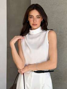DAZY Women's Casual Solid Color Pleated Collar Sleeveless Shirt, Summer - Beige - View 3