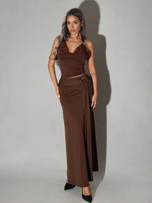 SHEIN ICON Elegant Girlisim Ribbon Metal Decor Extra Low Waist Skirt Golf Pastal Autumn - Brown - View 4