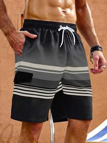 Manfinity KASUA Pantalones cortos de playa casuales con bloques de color y cintura con cordón para hombres de talla grande, vacaciones - Negro - Ver 3
