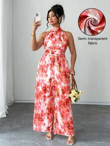 Elenzga Plus Size Women's Elegant Romantic Sweet Design Halter Backless Waist Slimming Long Floral Print Chiffon Jumpsuit, Casual Holiday - Pink - View 1