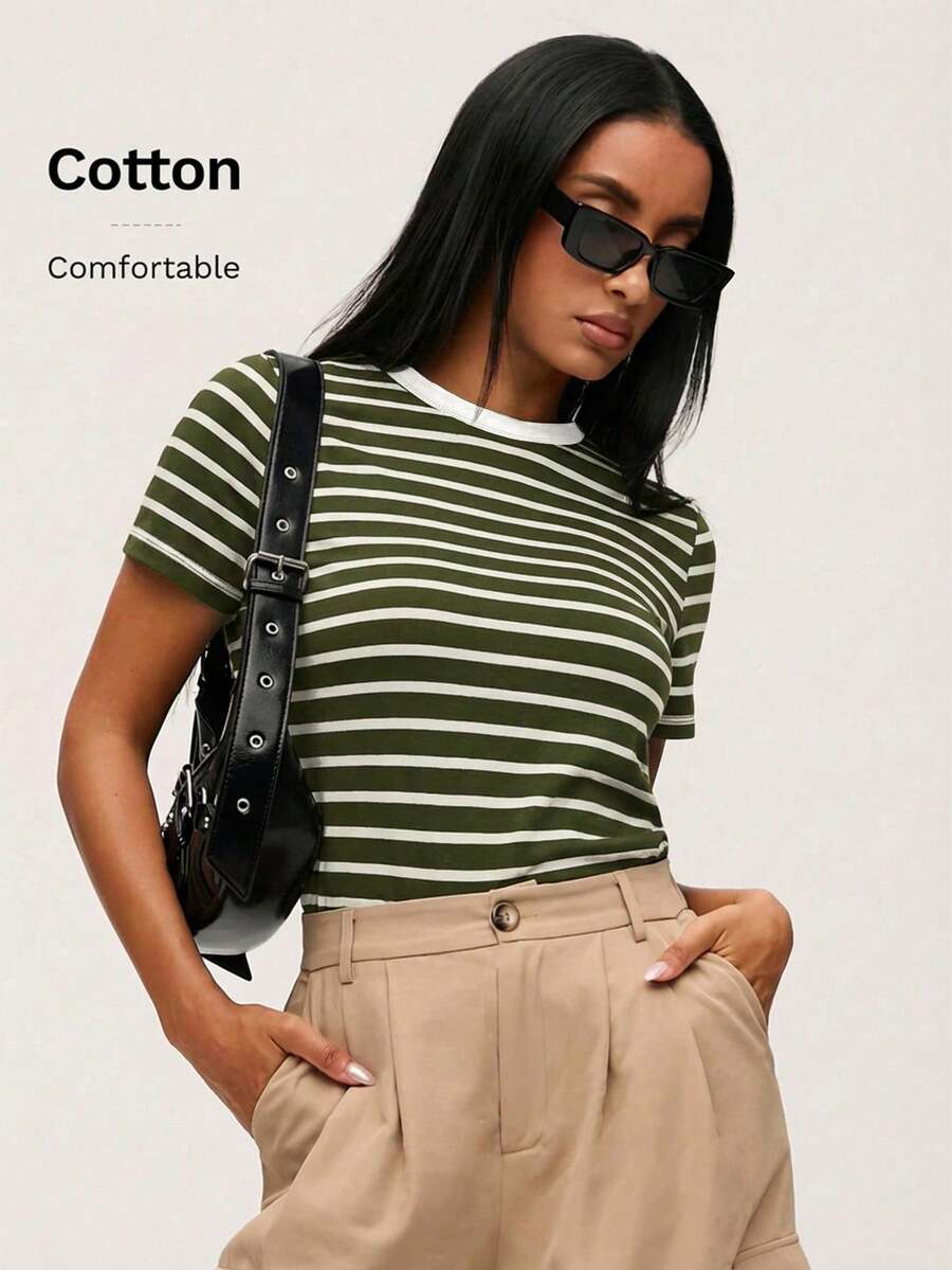 SHEIN BASICS 女款條紋印花圓領短袖休閒百搭T恤 夏季