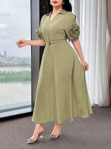 Feyla V-Neck Waist Cinching Handmade 3D Floral Belt Decor Commuting Elegant Versatile Comfortable Summer Dress - Green - View 6