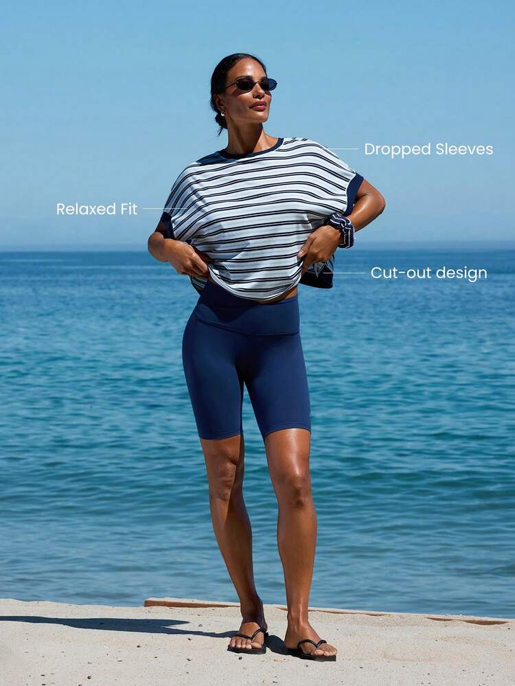 All Aboard Textured Stripe Back Cutout Boatneck Top Vacation Holiday Summer Travel Beach Daily Casual Wear