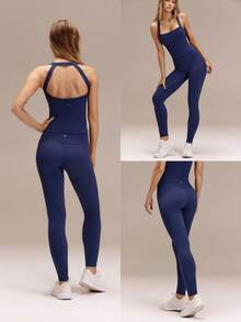 GLOWMODE 24英寸超细柔软无缝高腰紧身裤，吸汗速干，训练跑步健身运动服 - Dark Blue - 查看 7