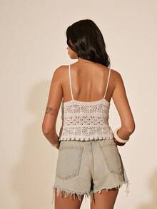 Poéselle Women's White Summer Boho Crochet Top,Elegant Spaghetti Strap Hollow-Out Knit Camisole For Vacation,Holiday Beach Resort Delicate Knitwear Outfits - White - View 6