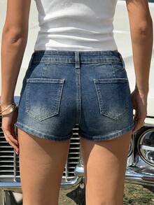 SHEIN EZwear 女士蓝色条纹低腰牛仔短裤，夏季 - 中等水洗藍 - 查看 2