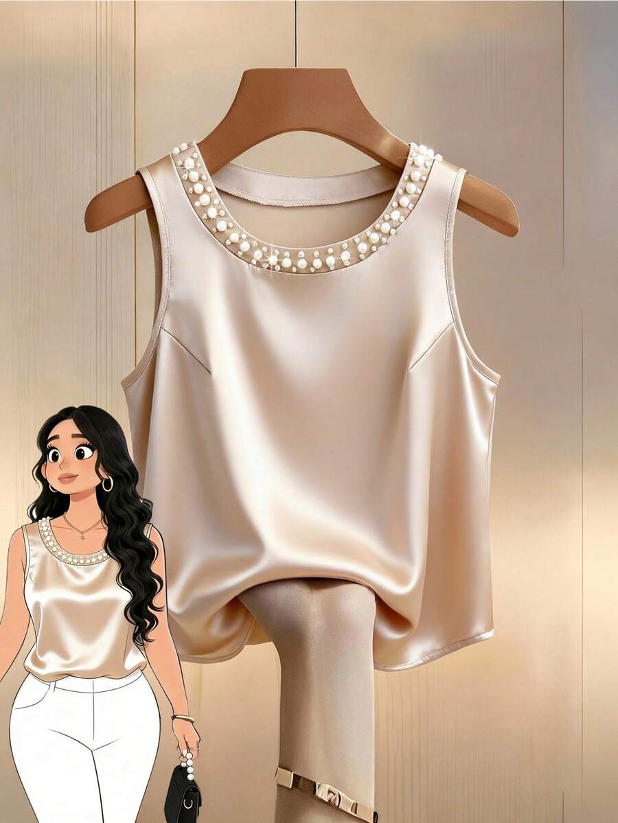 GlowEve CURVE 大码女装时尚休闲法式浪漫复古优雅通勤仿珍珠吊带衫 - 香檳色 - 查看 1