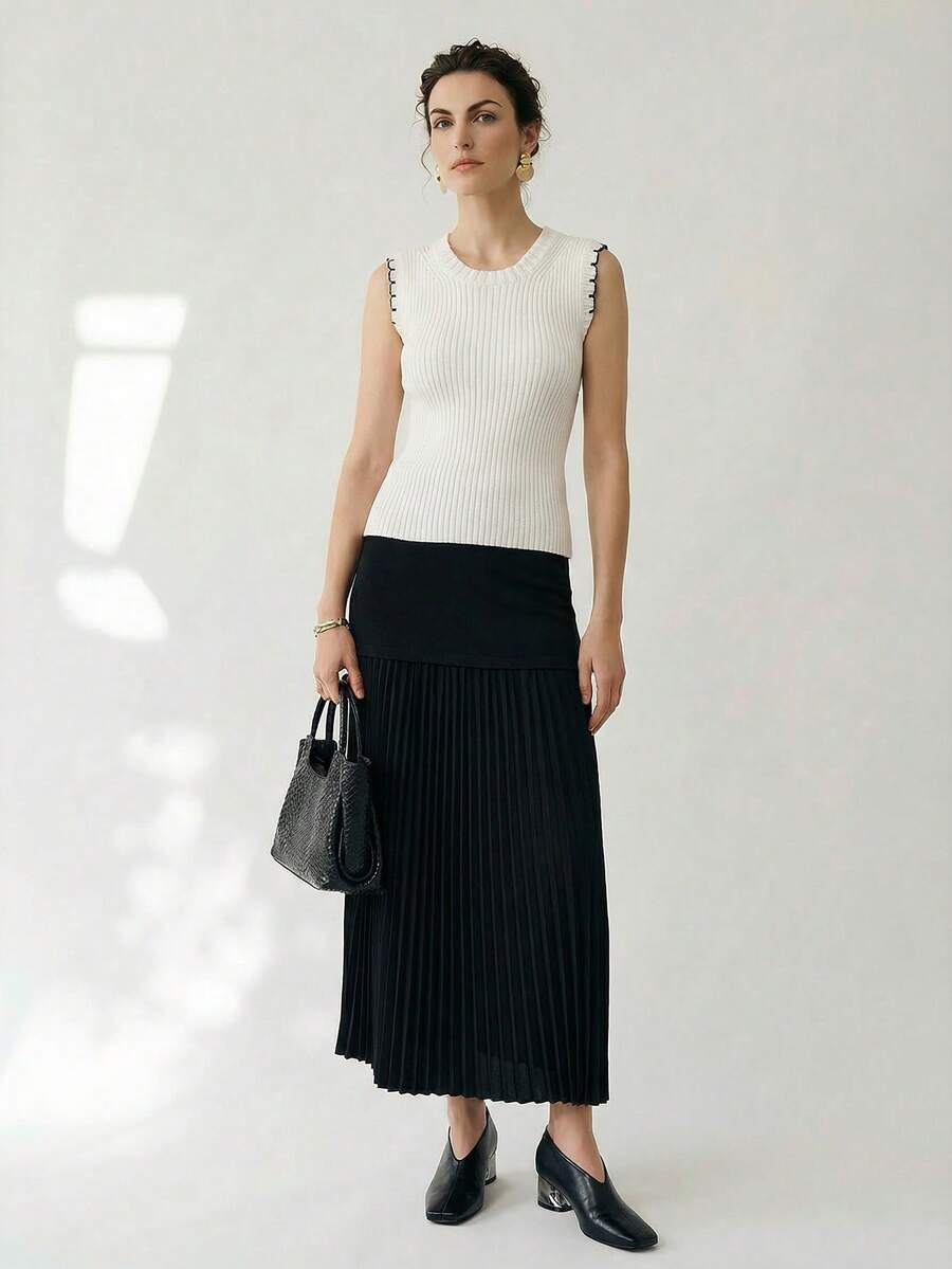 Uhlyne Uhlyne 女款優雅黑白圓領針織背心,辦公室條紋飾邊羅紋無袖上衣,夏季對比色針織毛衣通勤穿搭 - 白色 - 查看 1
