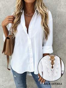 Selamara White Loose Casual Lace Patchwork Long Sleeve Shirt - White - View 1