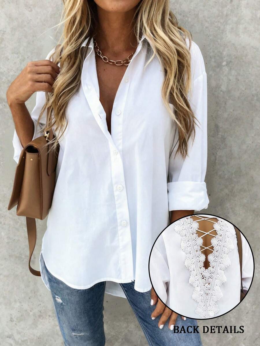 Selamara White Loose Casual Lace Patchwork Long Sleeve Shirt - White - View 1