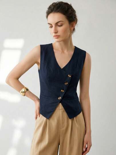 Uhlyne Uhlyne Casual Commuter Linen Sleeveless V-Neck Oblique Front Closure Fitted Women Thin Jacket
