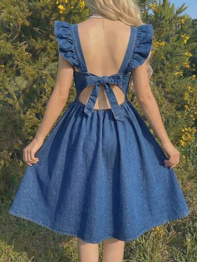 SHEIN Vestido casual y dulce para niña preadolescente con cuello cuadrado, cintura con volantes y lazo en la espalda, con estampado floral ditsy, para fiestas, vuelta al colegio, estilo femenino y elegante francés, estilo princesa, temporada de bodas, reuniones de cumpleaños, flores, San Valentín, vestido de niña de las flores, conjunto a juego madre-hija, atuendos festivos