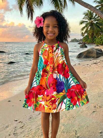 SHEIN 少女度假休闲时尚编织热带花卉印花露背连衣裙，宽松热带植物印花露背连衣裙，母女装