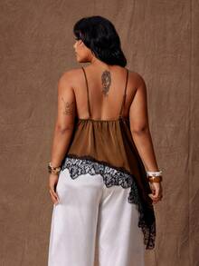 Rustia Plus Size Elegant Sexy Lace Trim Sheer Satin Asymmetric Hem Camisole Top, Vintage Style For Vacation, Date, Party - Brown - View 2