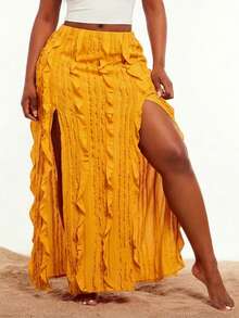 SHEIN SXY Yellow High-Elastic Knitted Ruffled Textured Fabric, Double-Slit High-Waist Long Skirt.Spring/Summer Casual Vacation Bohemian Elegant Suitable For Everyday Wear, Music Festival, Concert, Carnival Party, Beach Vacation, Date Night, Birthday, Bachelorette Party, Club, Cute, Casual, Shopping, Street Wear, Going Out, Easy To Match & Looks Slim, Accent Your Body, Flatter The Figure - Yellow - View 4