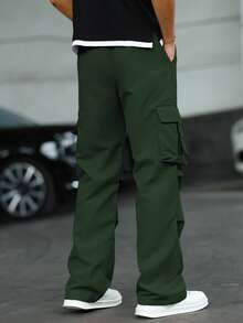 Manfinity EMRG Pantalones cargo de hombre con bolsillo con solapa, cintura con cordón y ajuste holgado - Verde Oscuro - Ver 2