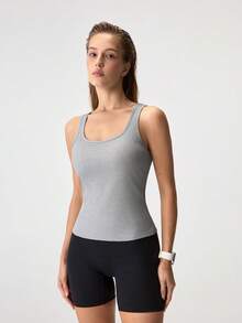 Women's Summer Solid Square Neck Ribbed Casual Versatile White Tank Top - Grey - View 5