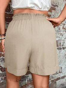 EMERY ROSE Plus Size Women Solid Color Elastic Waist Pocket Casual Shorts Linen Shorts Women Plus Size Beige Shorts High Waisted Shorts Summer Outfit For Women - Khaki - View 2