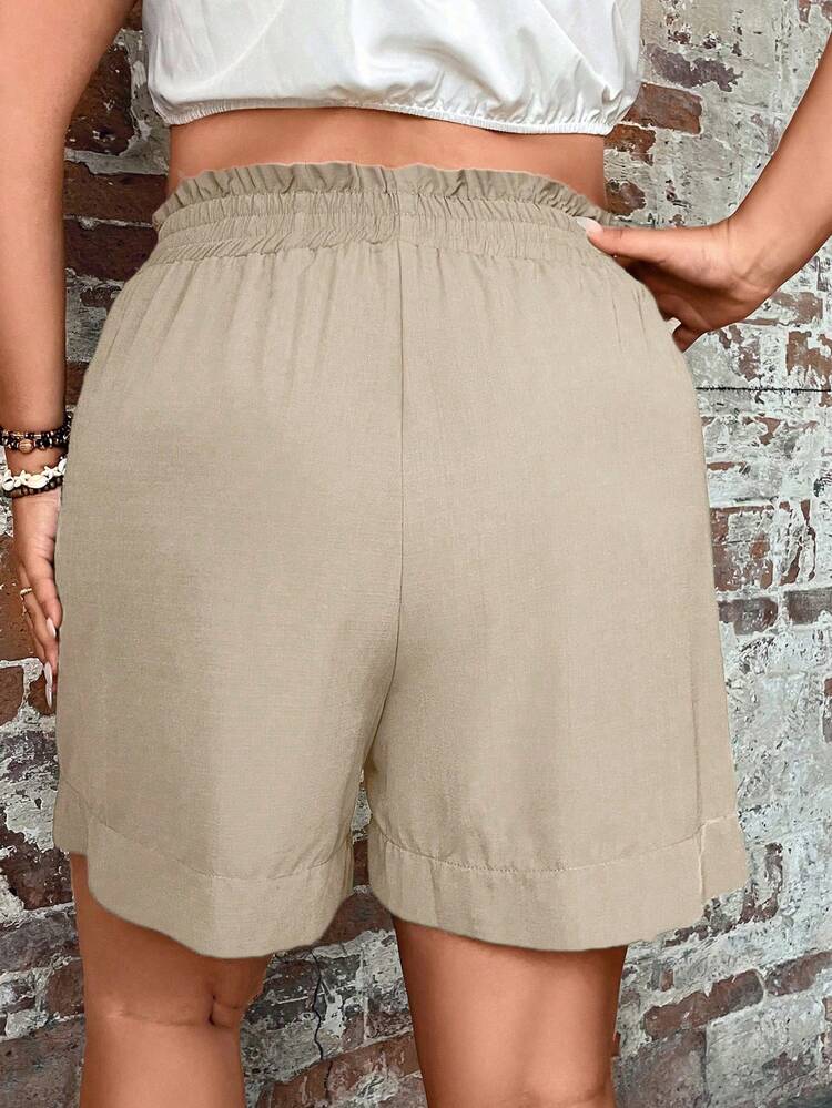 Plus Size Women Solid Color Elastic Waist Pocket Casual Shorts Linen Shorts Women Plus Size Beige Shorts High Waisted Shorts Summer Outfit For Women