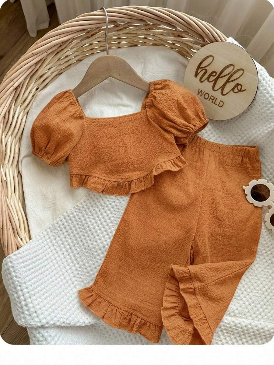 SHEIN Babygirl Summer Cute Solid Color Short Sleeve Top And Pants Set - Orange - View 1