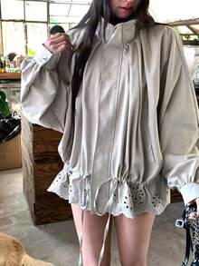 Women's Collar Hollow Out Floral Ruffle Trim Lightweight Jacket - Apricot - View 8