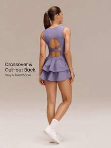 GLOWMODE Game On Buttery-Soft Quick-Dry Cups Removable Shorts Built-In Pockets Side Pockets Squareneck Cutout Back Tiered Tennis Dress Golf Pickleball Gym - Lilac Dream - View 4