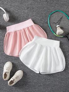 SHEIN 2 chiếc quần short cạp cao dáng rộng thoải mái đa năng dành cho bé gái tuổi teen, thích hợp cho chạy bộ, thể thao và các hoạt động ngoài trời mùa hè. - Nhiều màu - Xem 6