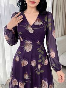 Feyla New Rose Flower Elegant Charming Elegant High-End Cinched Waist Dress For Women - Purple - View 4