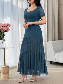 Modelyn 新款刺绣蕾丝袖镂空设计雪纺优雅连衣裙 - 藍色 - 查看 4