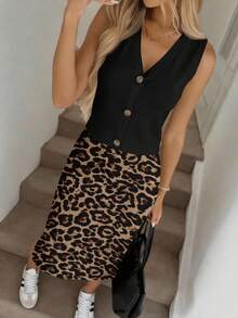 SHEIN LUNE Bộ đồ nữ gồm áo khoác cardigan cài nút và chân váy ngắn, thích hợp cho mùa xuân và mùa hè. - Nhiều màu - Xem 4