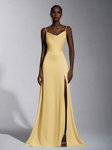 优雅简约浅黄色奢华缎面礼服，手工蝴蝶结装饰，吊带深V领性感露背鱼尾裙摆，带拖尾，适合婚礼、正式场合、伴娘礼服 - 黃色 - 查看 6