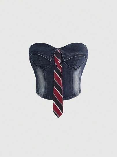 ROMWE Áo ống denim phối màu tương phản, trang trí cà vạt kiểu vintage Y2K.