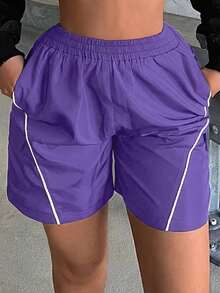 SHEIN SXY Pantalones cortos casuales con cintura elástica, plisados y versátiles con bolsillos para mujer - Morado - Ver 5