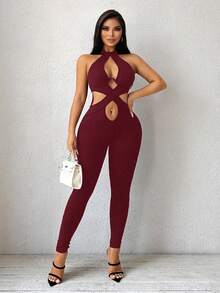 SHEIN SXY 女士交叉露背性感无袖黑色连体裤 - 酒紅色 - 查看 6