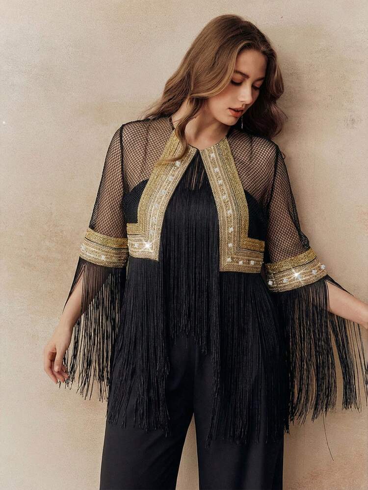 Elegant Bubble Bead Crafted, Tassel Grid Design Plus Size Women Jacket