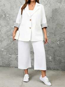 EMERY ROSE Conjunto de traje casual de chaqueta con solapa y pantalones de una sola hilera para mujer de talla grande - Blanco - Ver 3