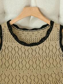 SHEIN Franclia 新款简约夏日度假风优雅镂空波浪领性感吊带背心修身显瘦沙滩度假撞色无袖针织女式毛衣两件套 - 卡其色 - 查看 6