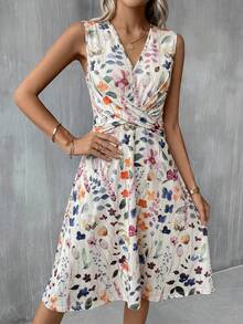 SHEIN Clasi 女士新款优雅V领收腰扭结针织A字中长连衣裙，夏季度假连衣裙 - 彩色 - 查看 3