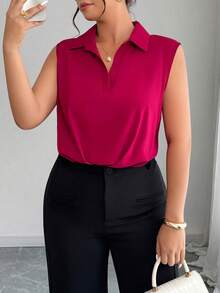 Elenzga Plus Size Women's Elegant Sleeveless Collared Pleated Bodysuit, Spring/Summer - Burgundy - View 5