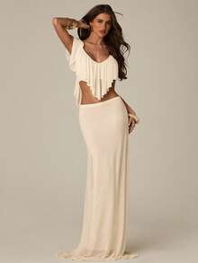 SHEIN BAE Women's Cream White 2-Piece Outfit,Ruffle Trim Top And Skirt Set,Summer Elegant Holiday Vacation Festival Outfits,Party Beach Wedding Guest Dress - Apricot - View 5