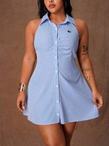 Rustia Đầm không tay kẻ sọc cài nút thường ngày cỡ lớn cho nữ - Màu xanh lam - Xem 5