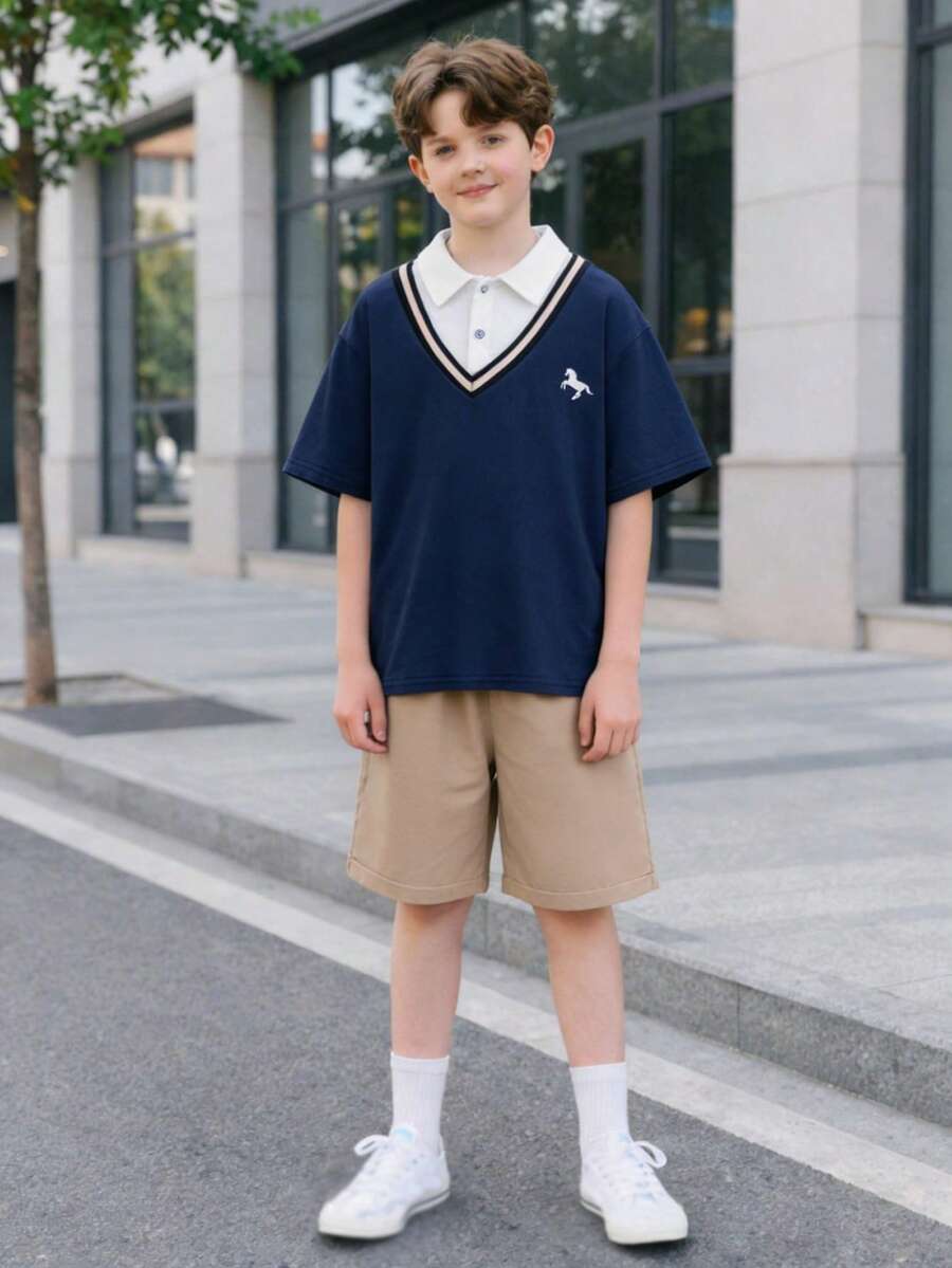 2 pièces/Set Chemise polo style gentleman et short décontracté pour garçons, été - Multicolore - Voir 1