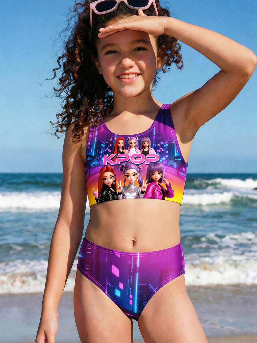 Bộ đồ bơi hai dây tối giản và bikini tam giác in hình hoạt hình dành cho bé gái tuổi teen, thích hợp cho mùa hè. - Nhiều màu - Xem 1